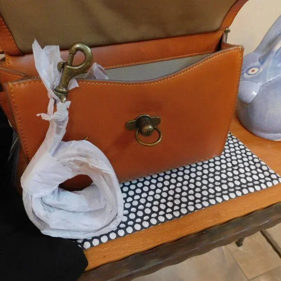 NWT Frye Farrah cognac leather satchel metal top handle tote bag crossbody purse - Picture 8 of 16